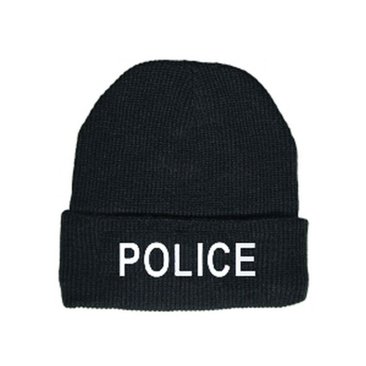 POLICE KNIT HAT - WHITE "POLICE" LETTERING ON BLACK KNIT HATS.